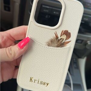 Cream Leather Phone Case with Feather Accent